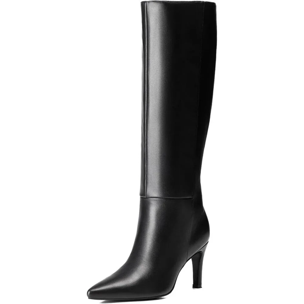 Women Stiletto Black Fur Side Zipper Pointed Toe Knee High Dress Fashion Boots